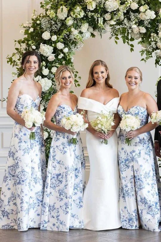 A line Strapless Printed Floarl Satin Long Bridesmaid Dresses