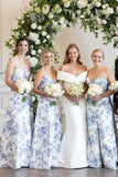 A line Strapless Printed Floarl Satin Long Bridesmaid Dresses