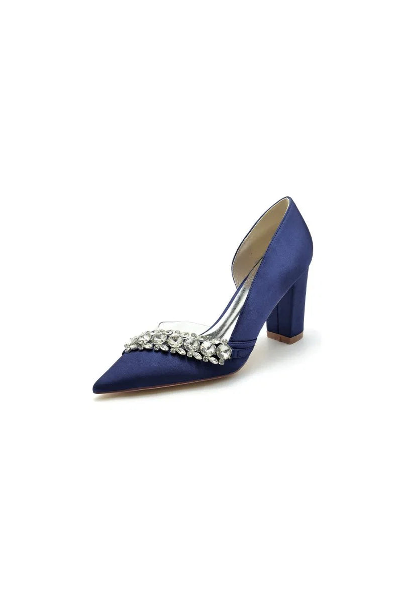 Chic Satin Pointed Toe Slip on Chunky Heels With Rhinestone