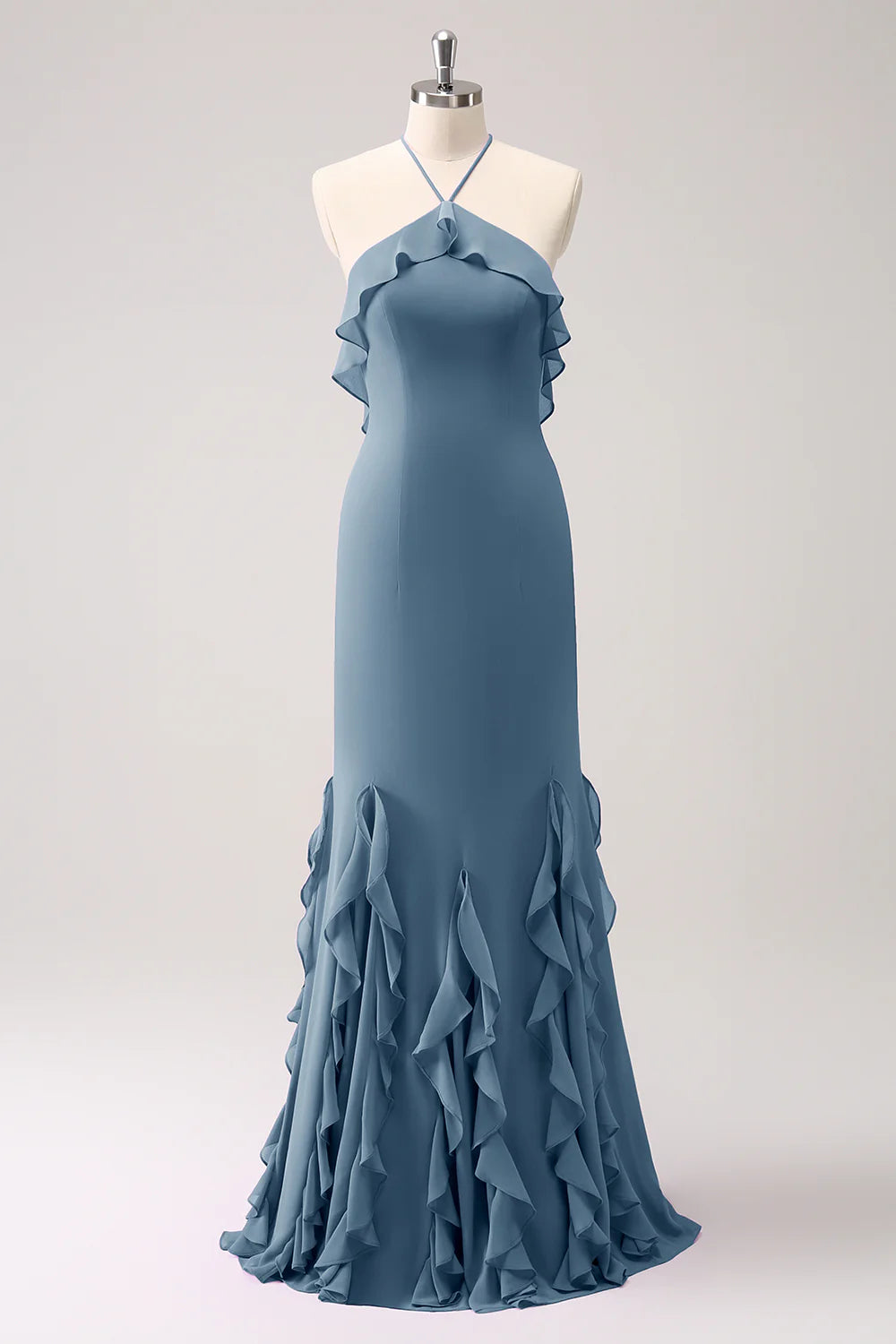 Sheath Halter Backless Floor Length Bridesmaid Dress with Ruffles