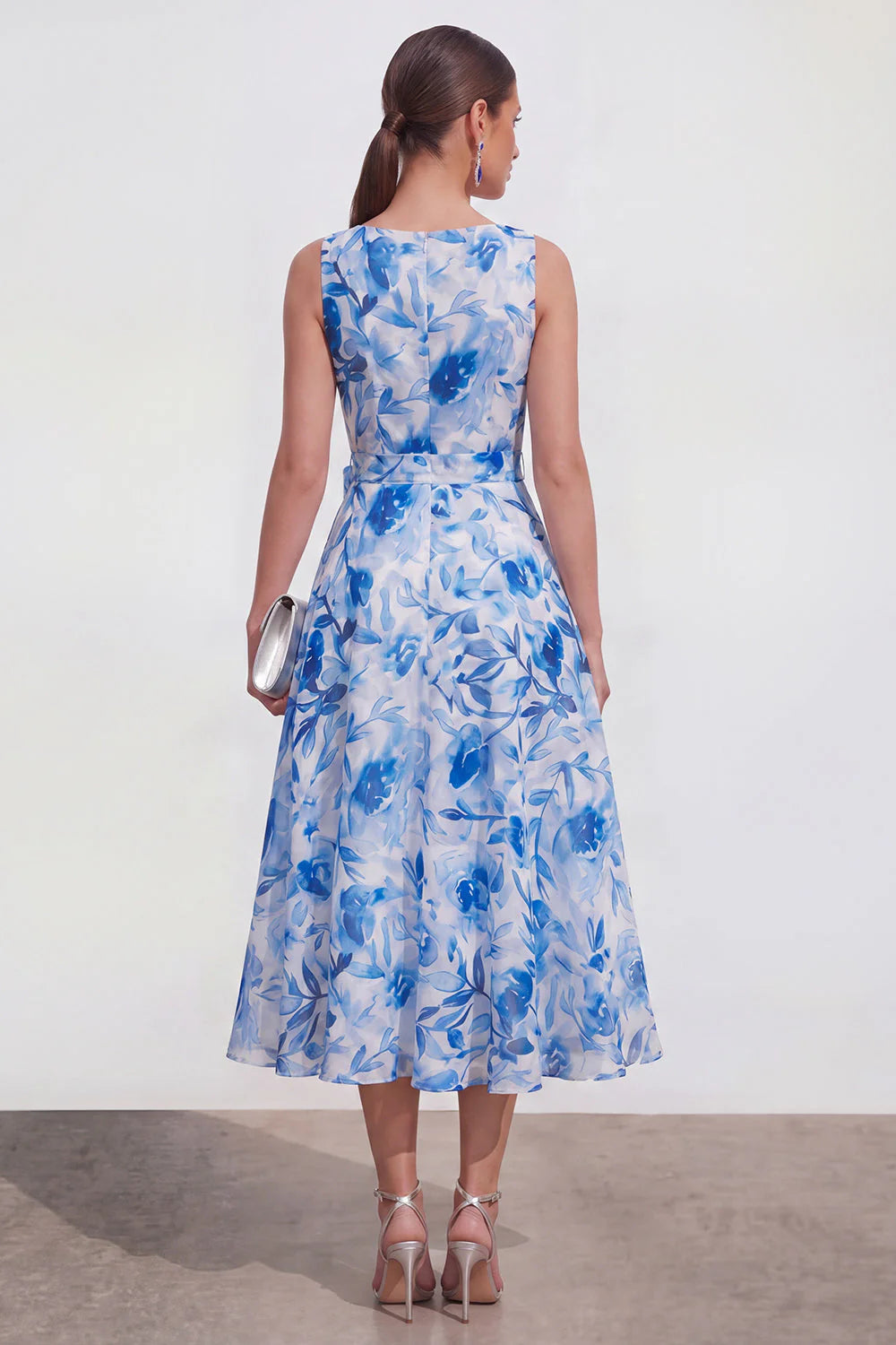 Purple Flower A Line V Neck Wedding Guest Dress with Belt