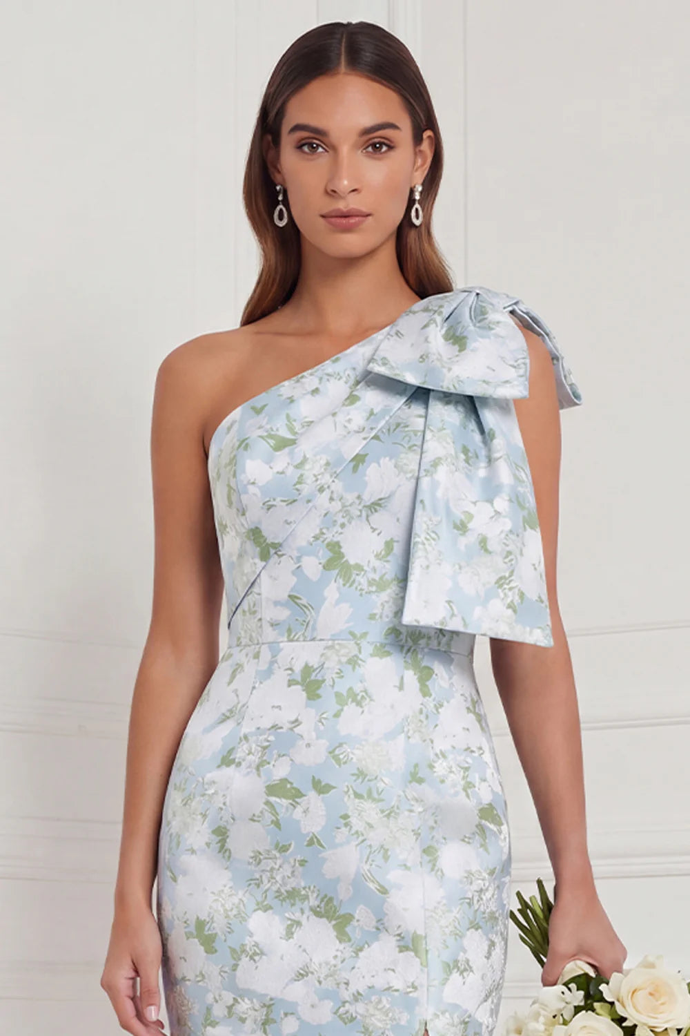 One Shoulder Blue White Flower Mermaid Bridesmaid Dress with Slit