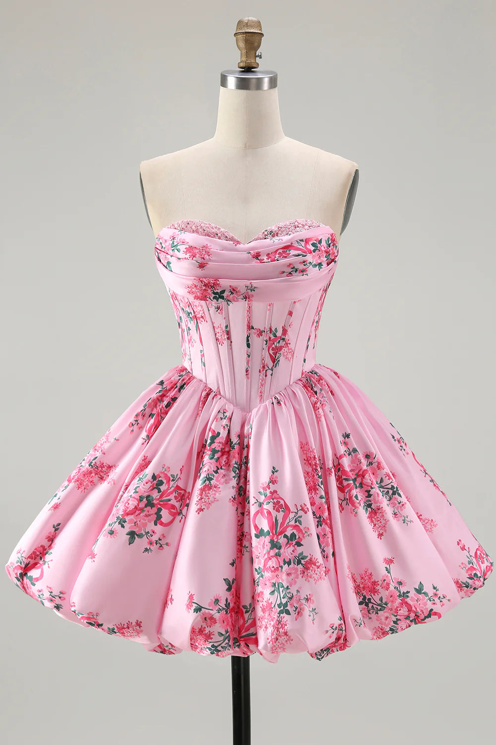 White Blue Flower A Line Strapless Printed Homecoming Dress with Beading