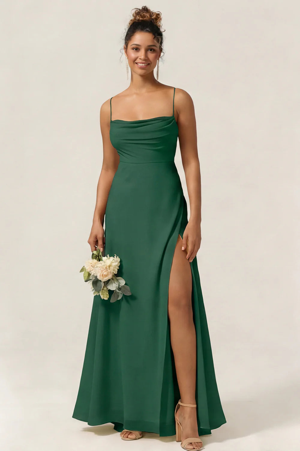 Blue Flower A Line Spaghetti Straps Chiffon Long Bridesmaid Dress with Slit