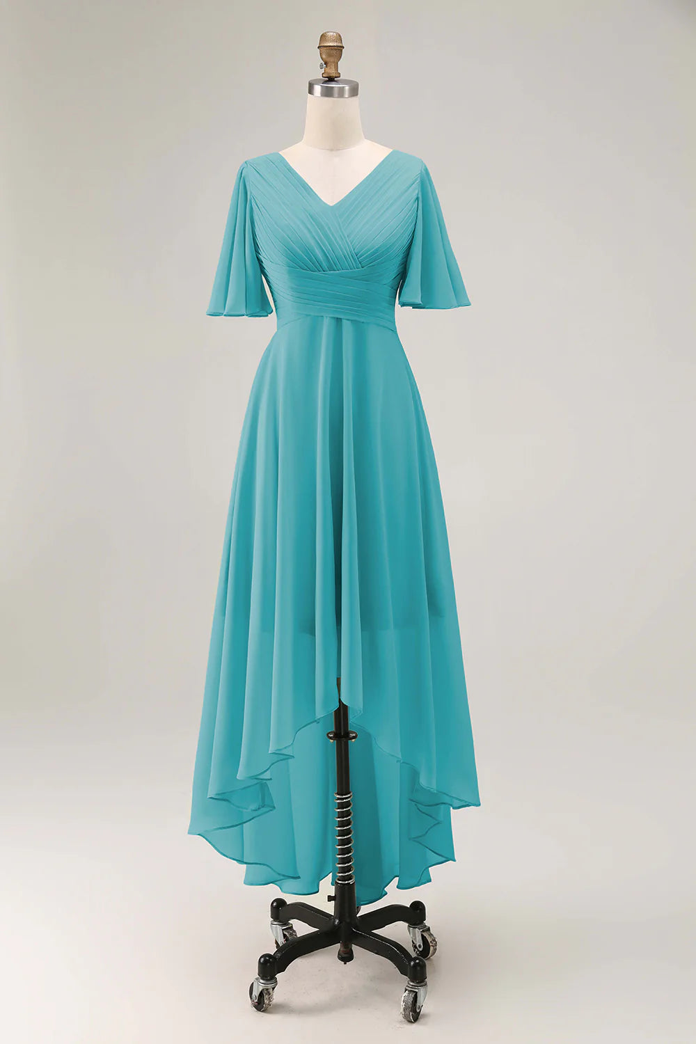 Sage Green A Line Chiffon Pleated High Low Bridesmaid Dress with Short Sleeves