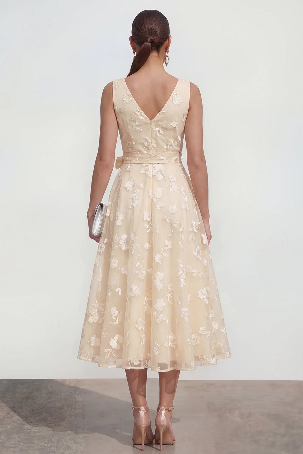 Blue Floral A Line Midi Wedding Guest Dress with Bow