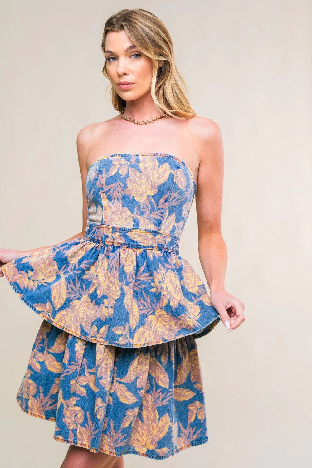 SUMMER MOMENTS STRAPLESS FLORAL DENIM MINI DRESS FINAL SALE