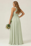 Dusty Sage Plus Size Halter A Line Chiffon Long Bridesmaid Dress