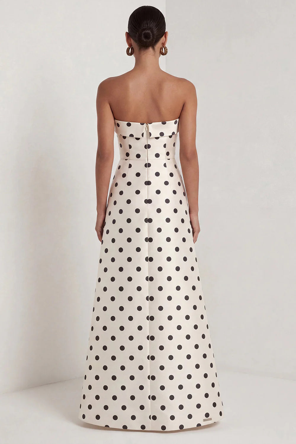 Strapless Black White A Line Polka Dot Long Formal Dress with Slit
