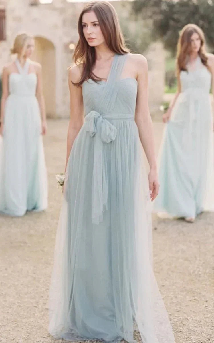 One Shoulder Long Bowed Tulle Bridesmaid Dress With Ruching