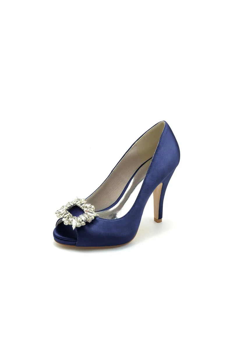 Peep Toe Slip on Stiletto Heels With Rhinestone