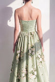 Strapless Sage Green A Line Floral Bridesmaid Dress
