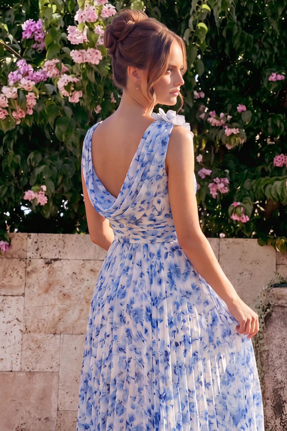 Blue Floral A Line Cowl Neck Wedding Guest Dress with 3D Flowers