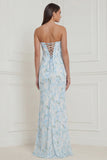 Blue White Floral Strapless Corset Long Bridesmaid Dress with Slit