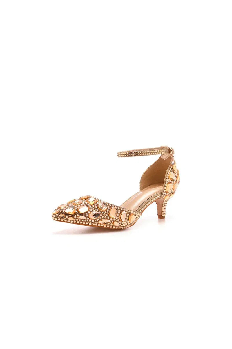 Pointed Toe Crystal Diamond Ankle Strap Kitten Heels