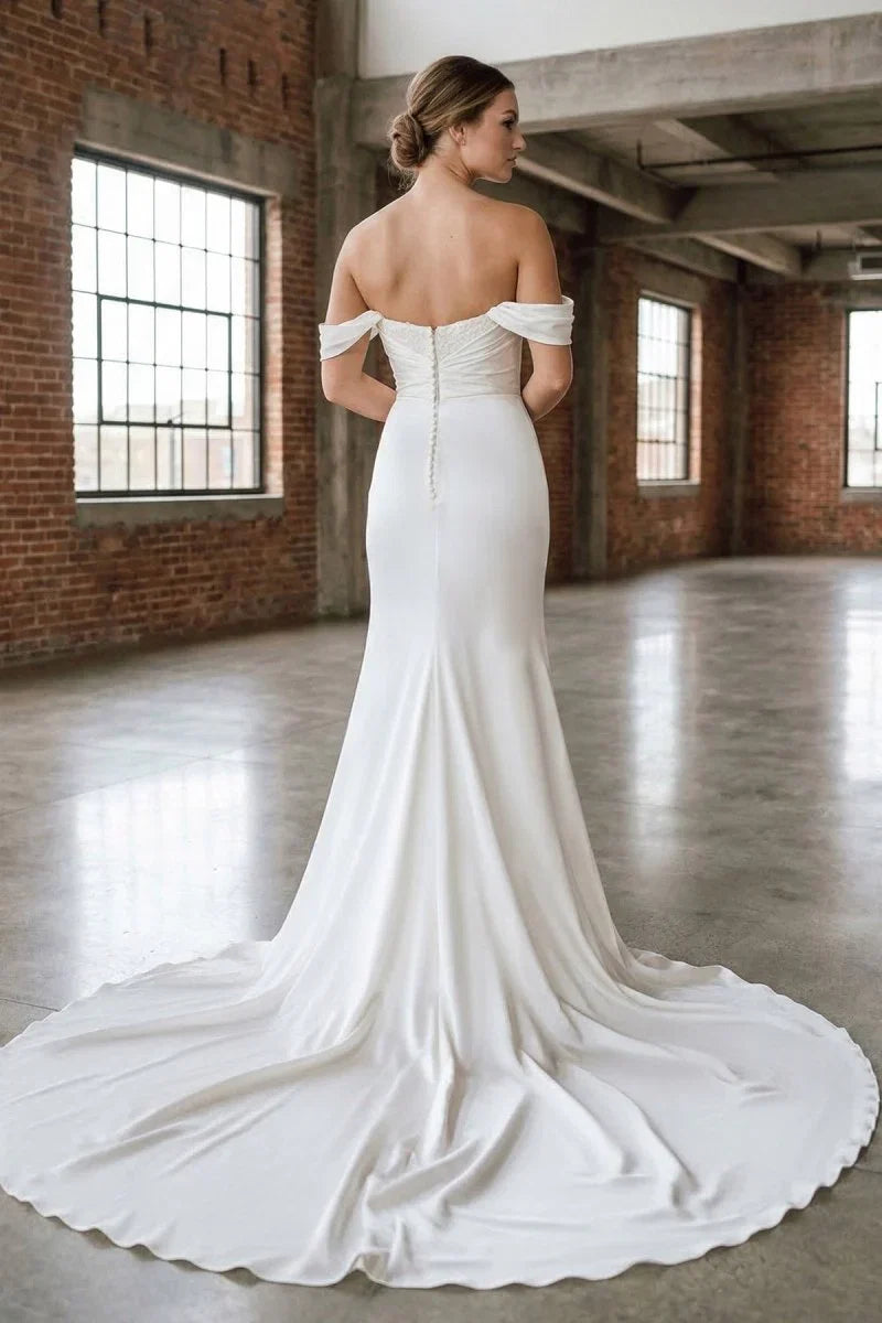 White Pearls Off the Shoulder Mermaid Long Wedding Dress