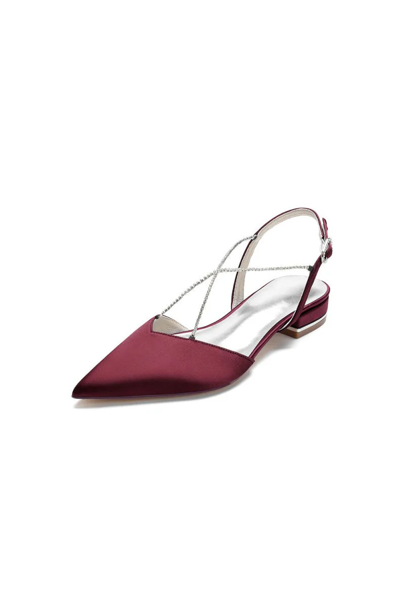 Satin Pointed Toe Beading Buckle Kitten Heels