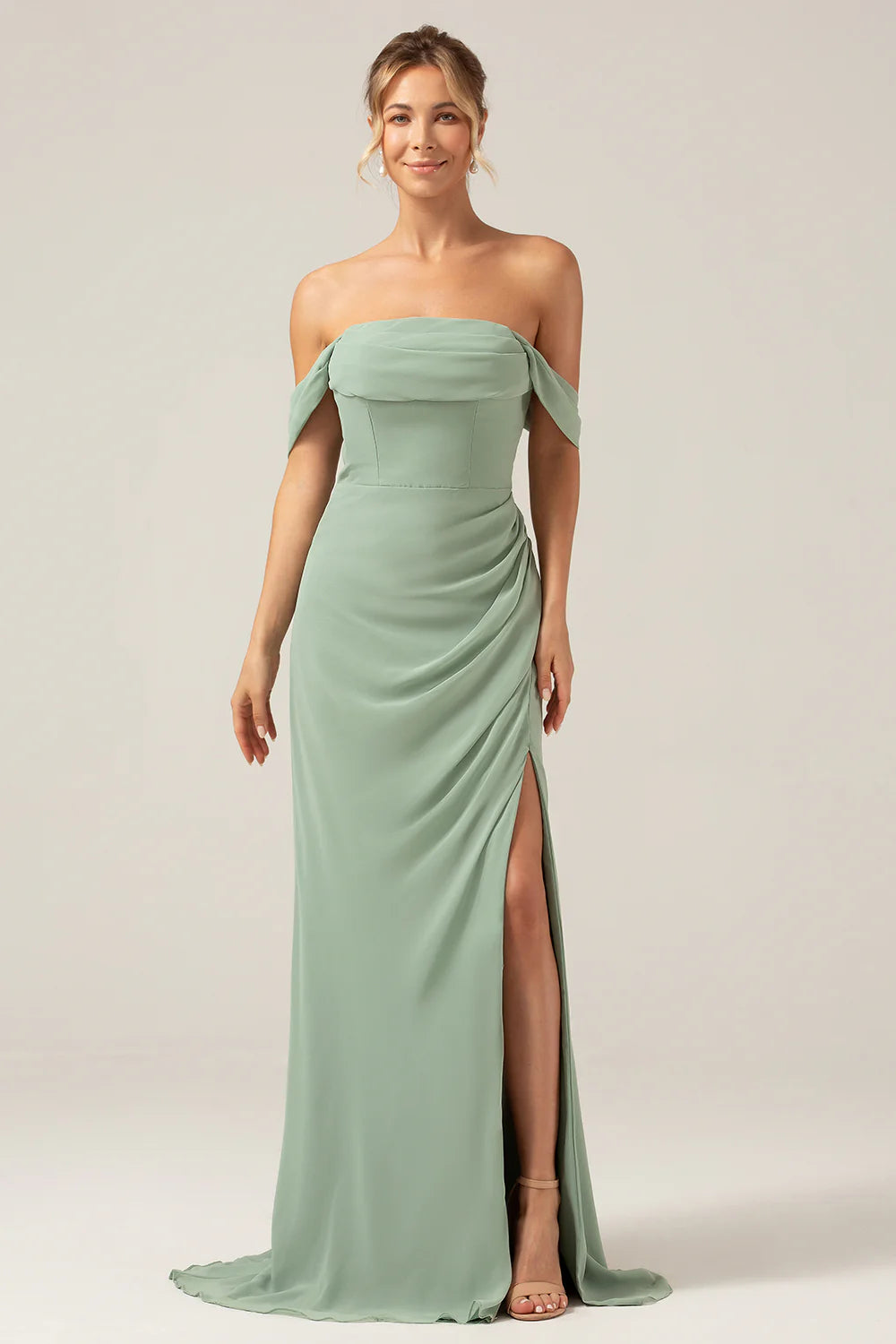 Dusty Sage Sheath Off the Shoulder Pleated Chiffon Bridesmaid Dress With Slit
