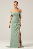 Dusty Sage Sheath Off the Shoulder Pleated Chiffon Bridesmaid Dress With Slit