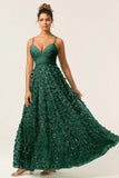 Dark Green A Line Spaghetti Straps Satin Long Bridesmaid Dress