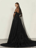 A Line Black Gothic Wedding Dresses with Sequin Lace Appliques