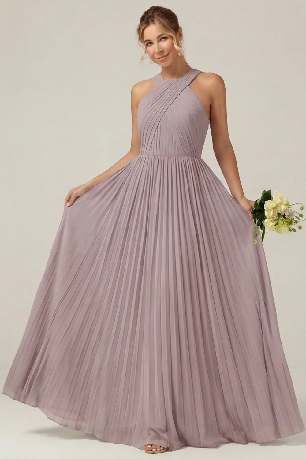 Dusty Sage A Line Halter Pleated Long Bridesmaid Dress