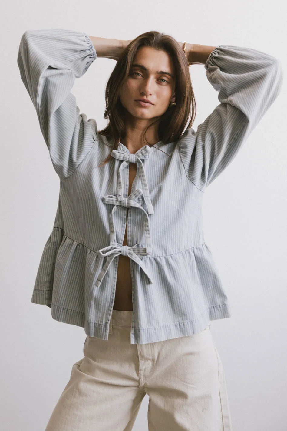 Maggie Peplum Tie Blouse in Light Wash FINAL SALE