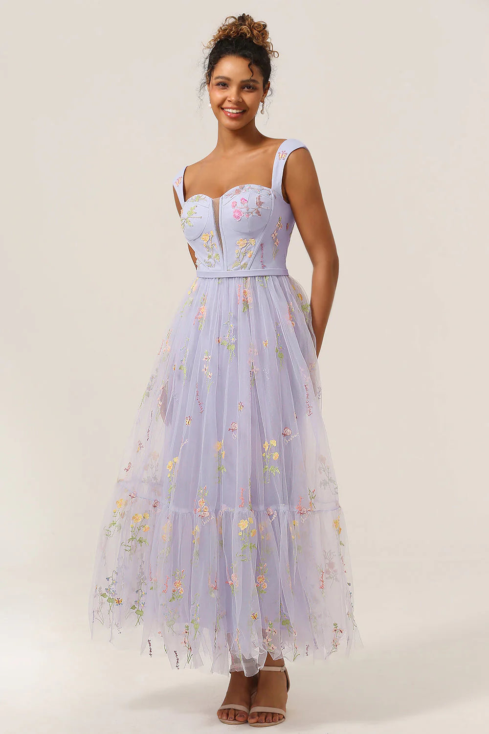 A Line Sweetheart Lilac Tea Length Prom Dress with Embroidery