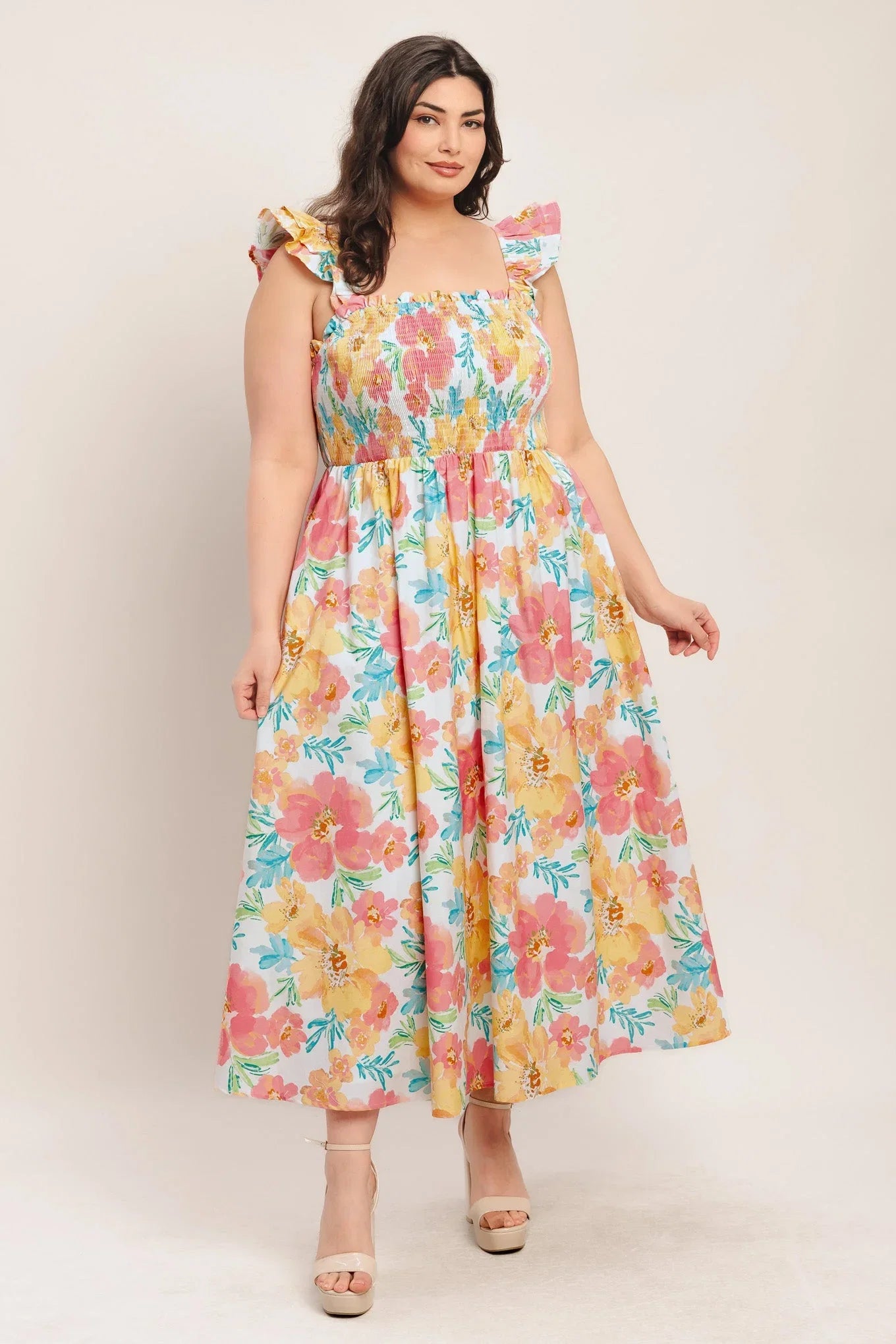 SOFT SUNSHINE FLORAL MIDI DRESS