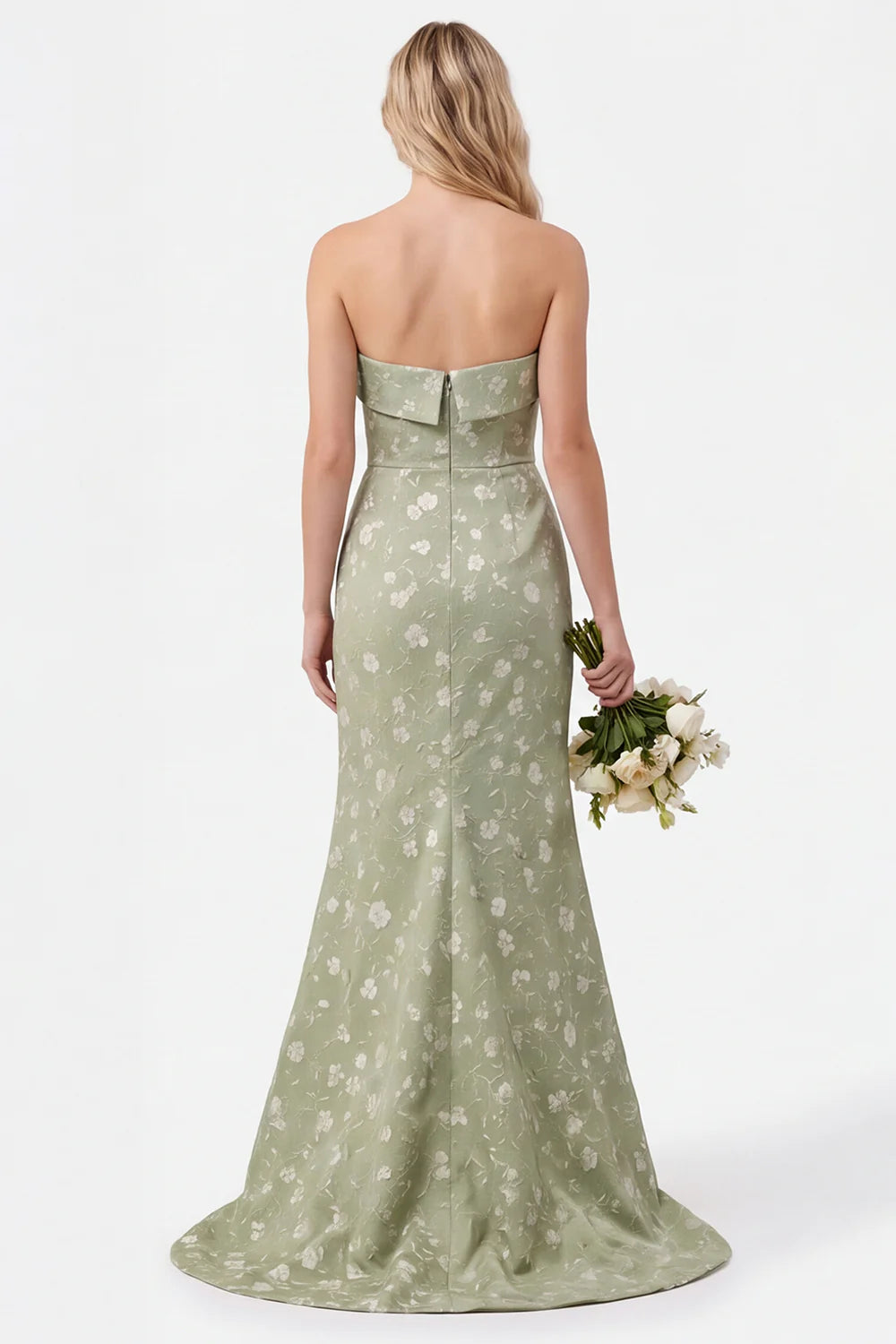 Strapless Mermaid Sage Floral Jacquard Bridesmaid Dress