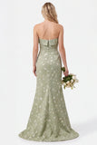 Strapless Mermaid Sage Floral Jacquard Bridesmaid Dress