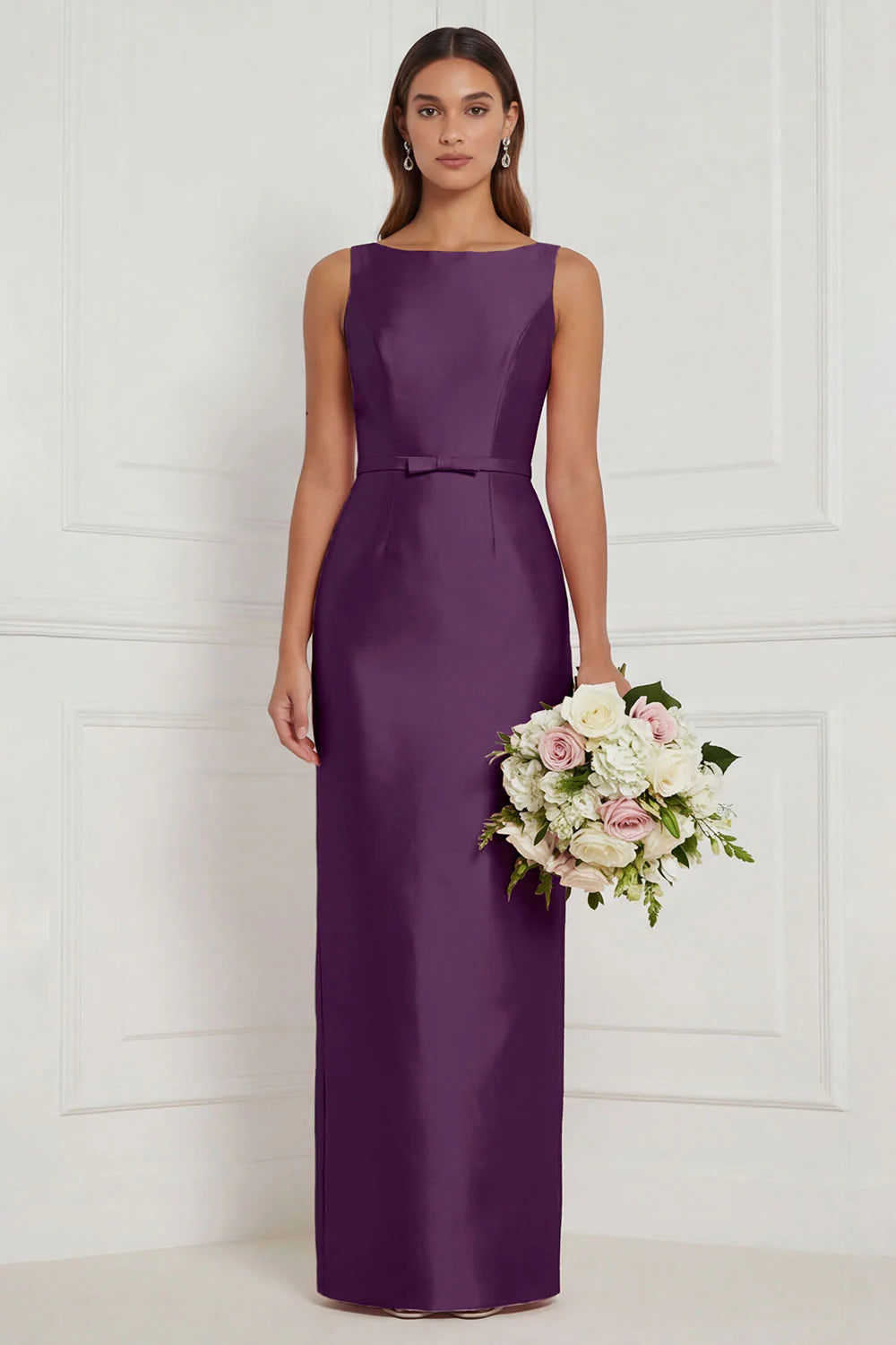 Sage Green Sheath Bateau Neck Satin Bridesmaid Dress