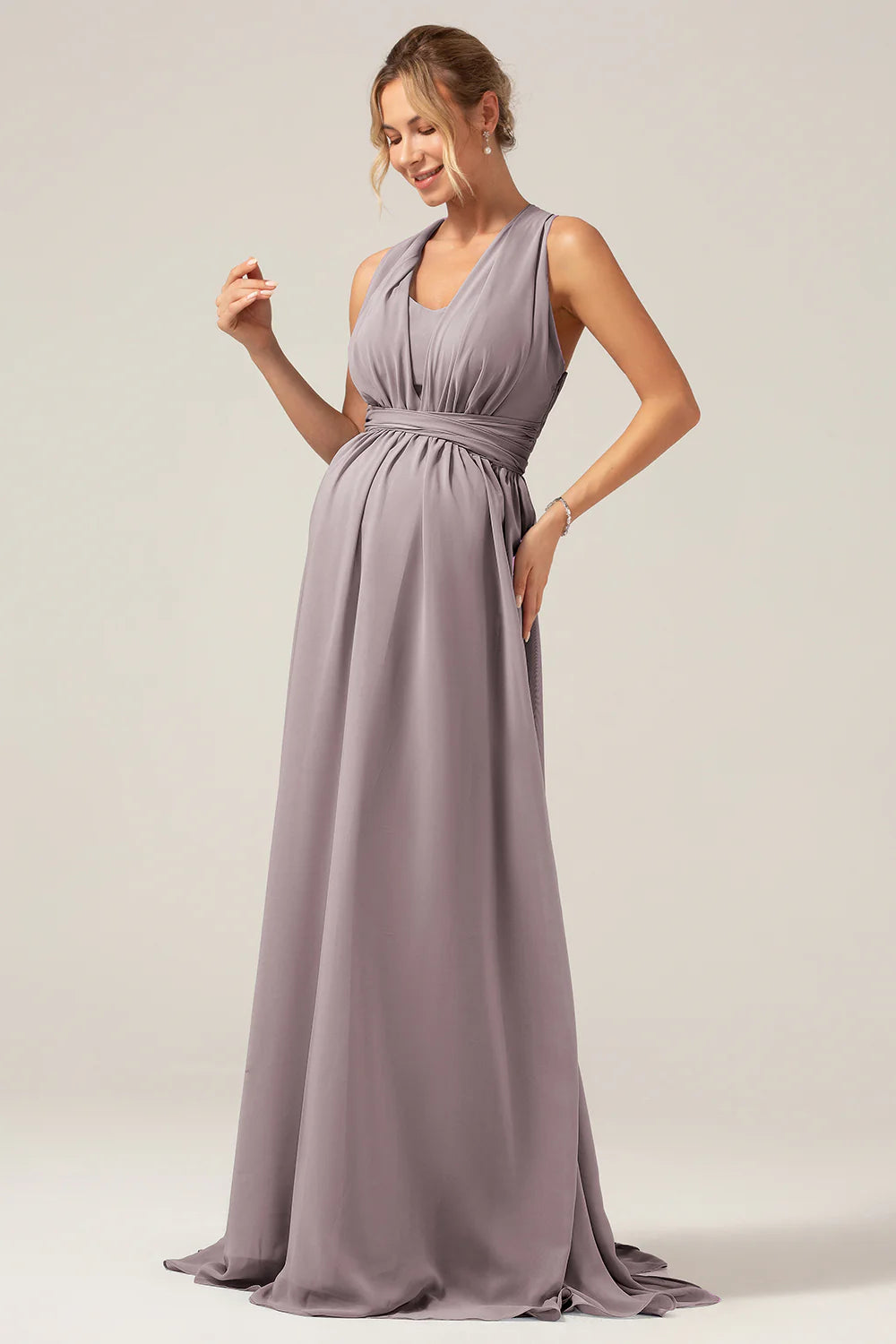 A Line Chiffon Convertible Dusty Blue Long Maternity Bridesmaid Dress