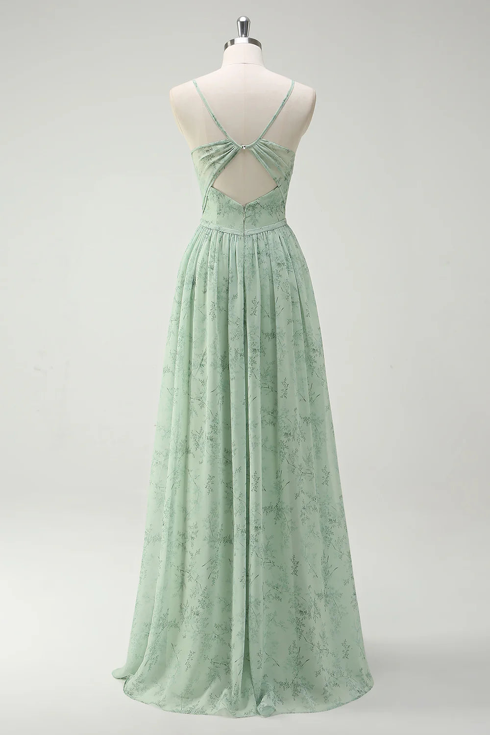 Dusty Sage A Line Spaghetti Straps Print Floral Long Bridesmaid Dress with Slit