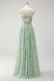 Dusty Sage A Line Spaghetti Straps Print Floral Long Bridesmaid Dress with Slit