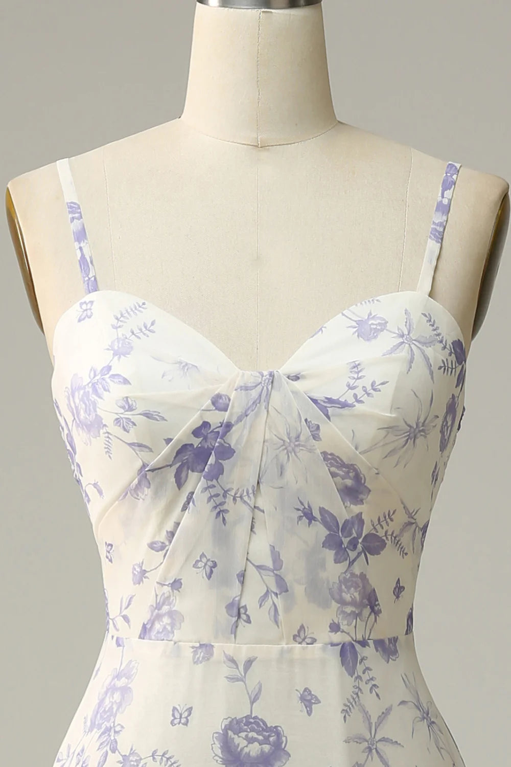 White Blue Flower A Line Spaghetti Straps Chiffon Floor Length Bridesmaid Dress