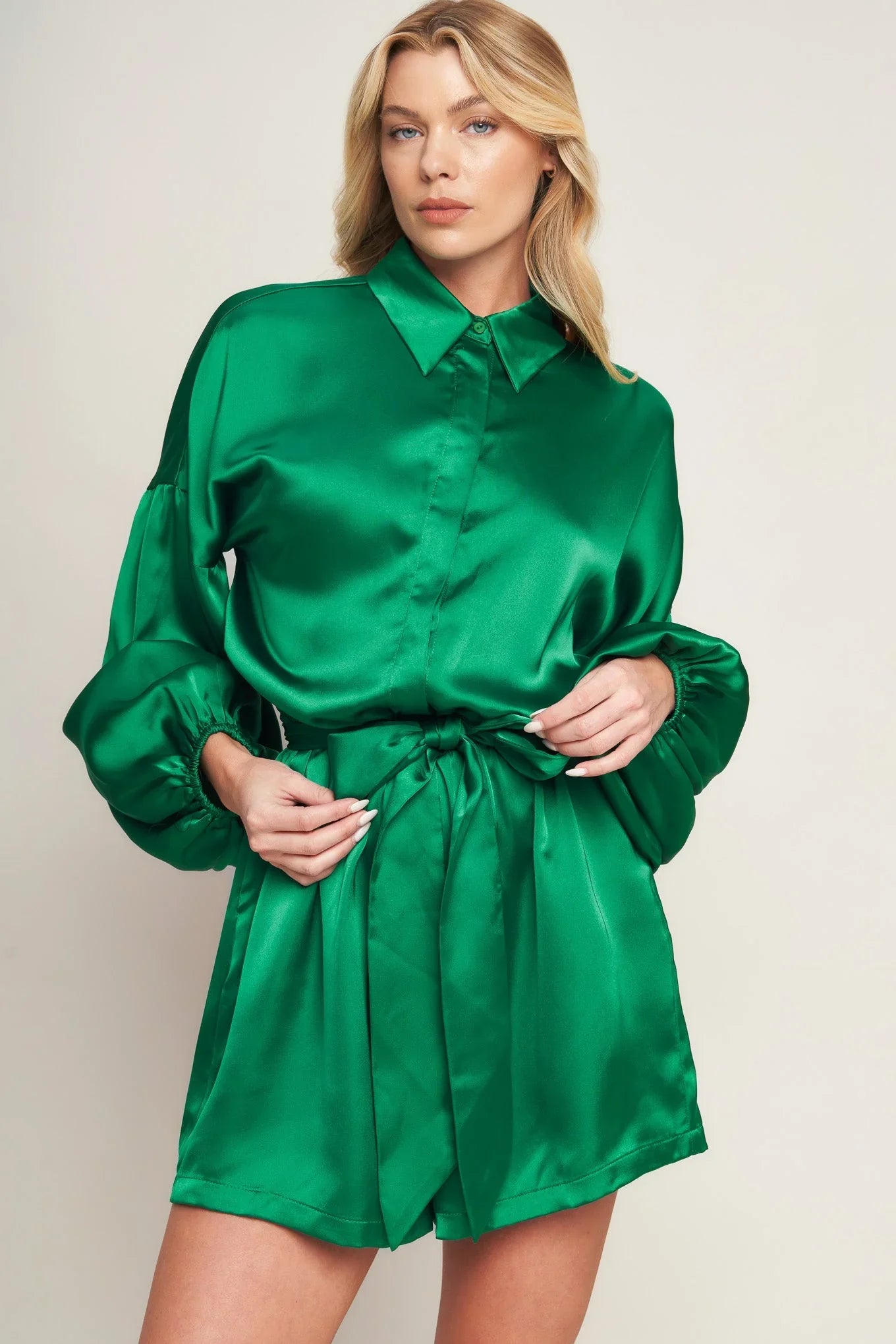 CELEBRATION TIME GREEN SATIN ROMPER WITH LONG SLEEVES FINAL SALE