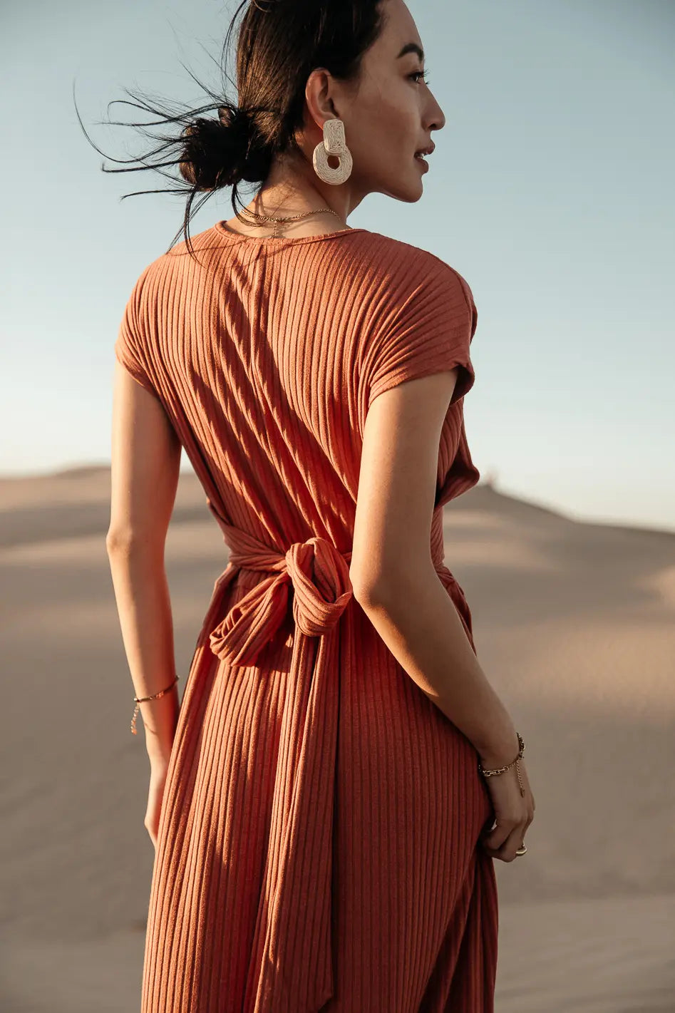 Vaeda Ribbed Tie Dress in Rust FINAL SALE