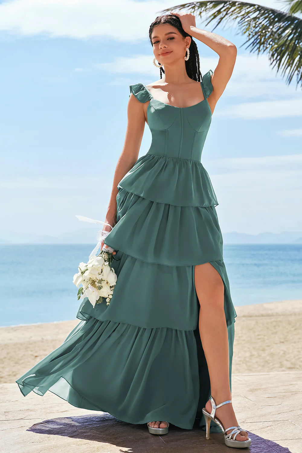 Eucalyptus A Line Tiered Ruched Corset Long Bridesmaid Dress with Slit