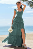 Eucalyptus A Line Tiered Ruched Corset Long Bridesmaid Dress with Slit