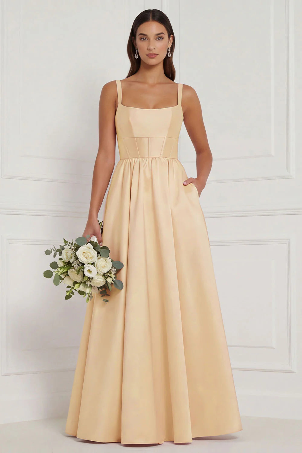 Lilac A Line Corset Satin Square Neck Long Bridesmaid Dress