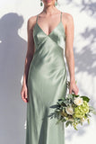 Satin Spaghetti Straps Sheath Sage Bridesmaid Dress