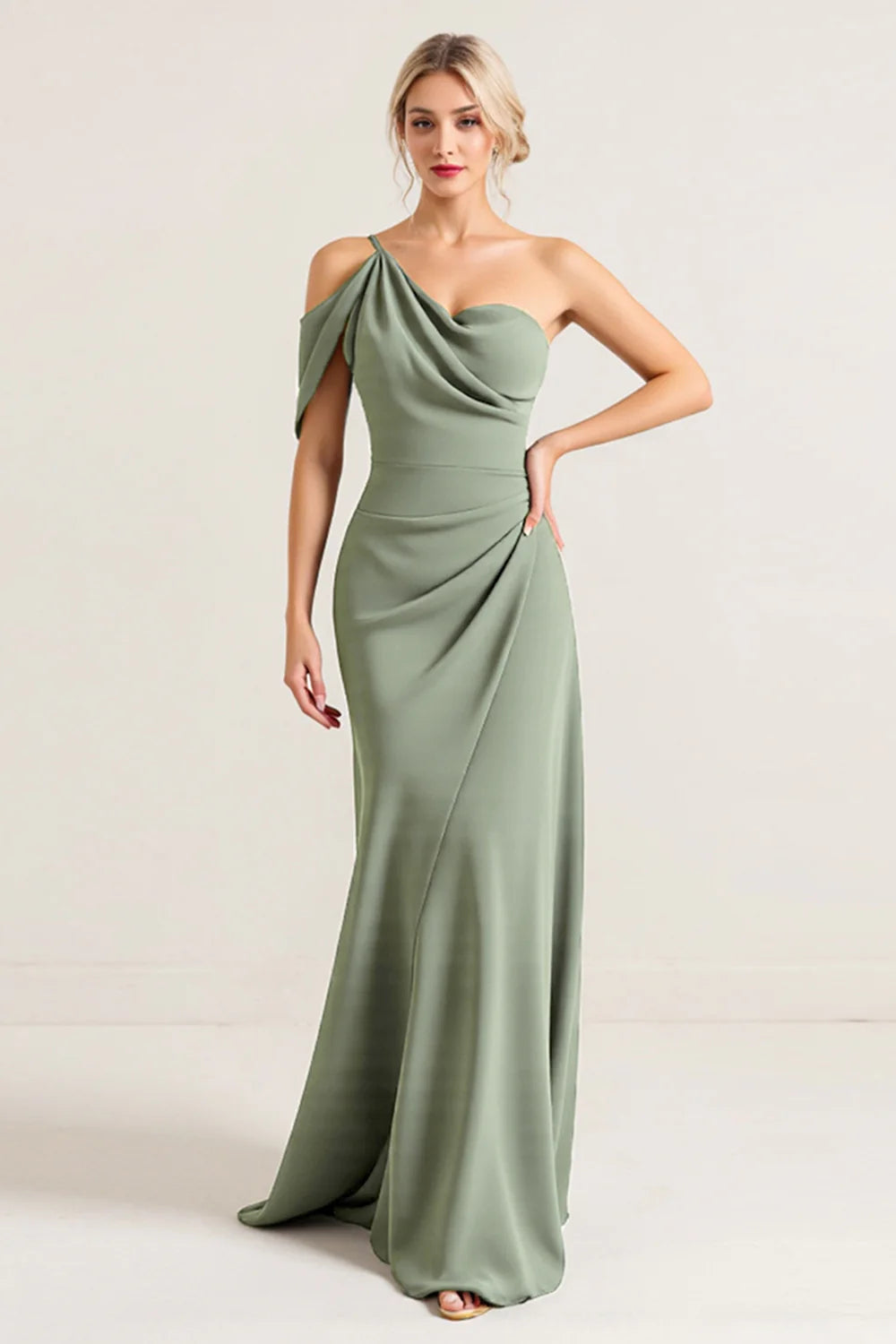 Sheath One Shoulder Olive Ruched Long Bridesmaid Dress