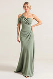 Sheath One Shoulder Olive Ruched Long Bridesmaid Dress