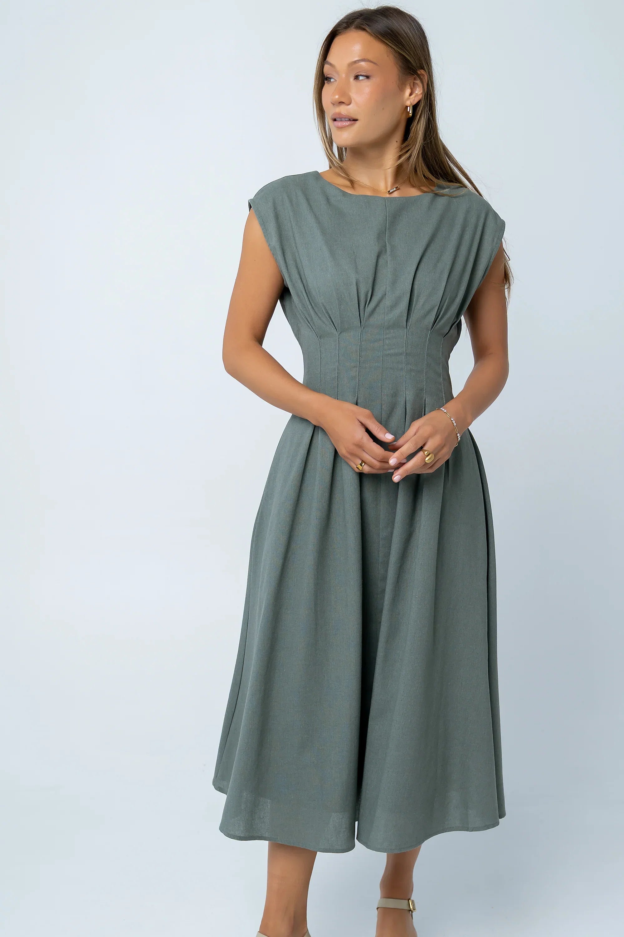Matilda Pleated Maxi Dress in Olive