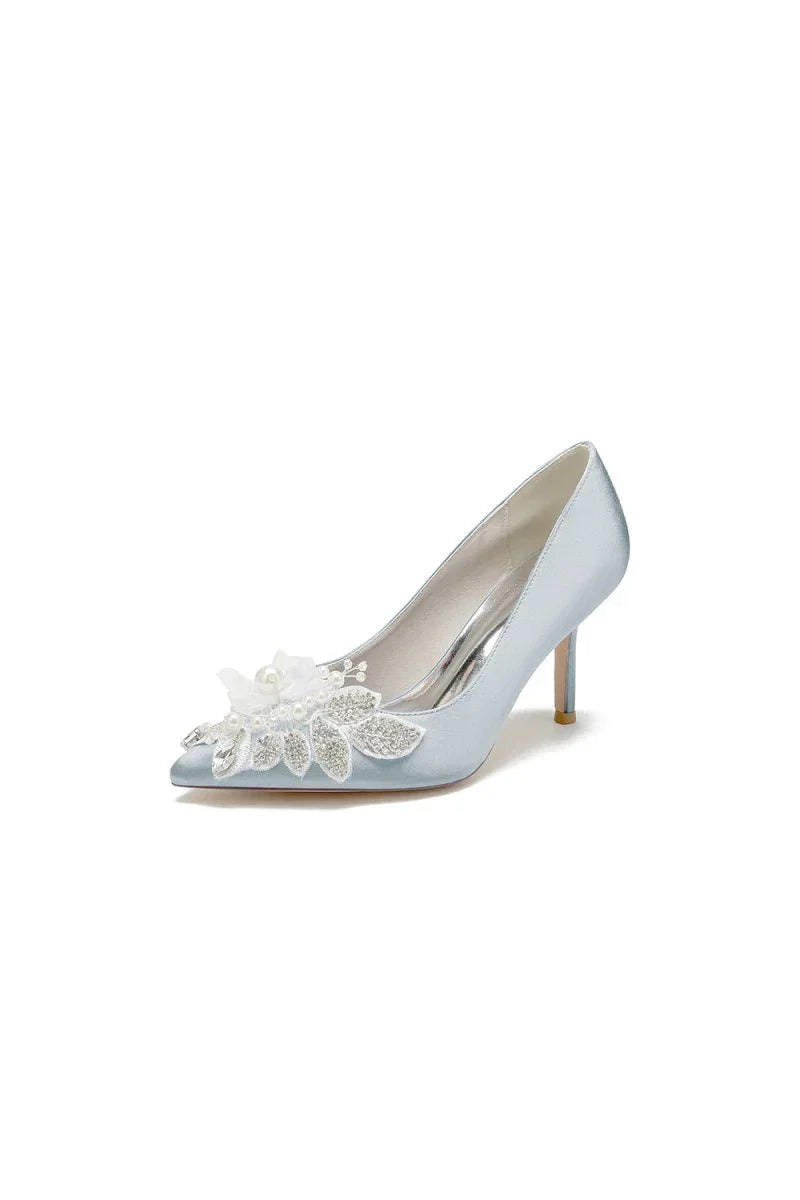 Pointed Toe Satin Bridal Heels with Crystal Flower