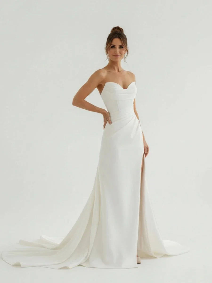 Mermaid Strapless Satin Long Wedding Dress With Slit