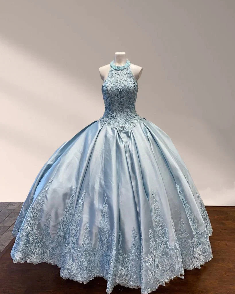 Halter Beaded Sky Blue Satin Ball Gown Quinceañera Dress
