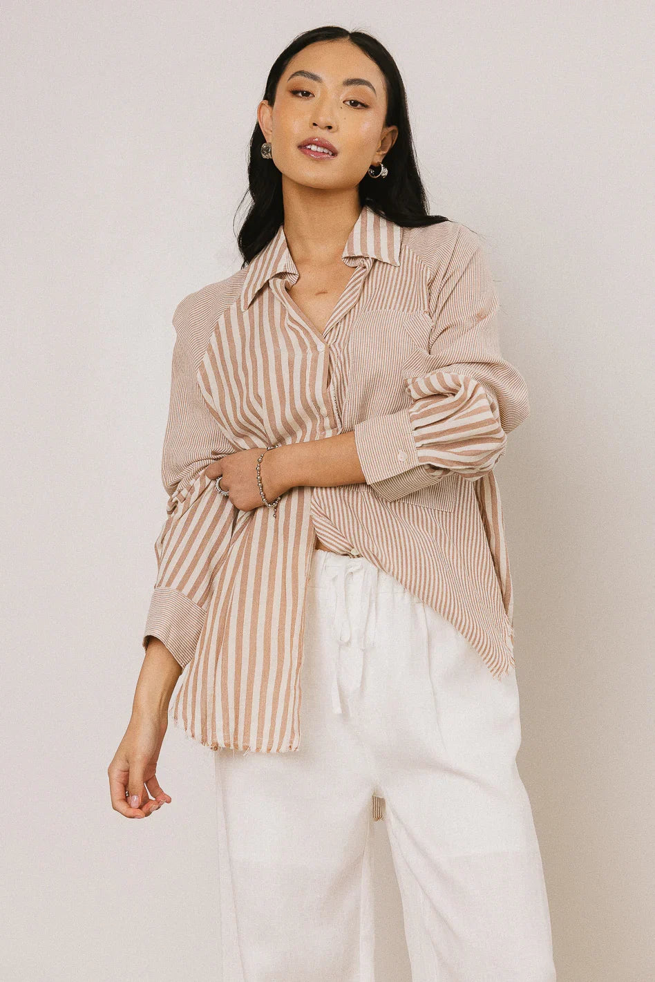Gia Striped Button Up in Taupe FINAL SALE