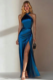 Ink Blue Mermaid Satin Halter Long Formal Dress with Slit